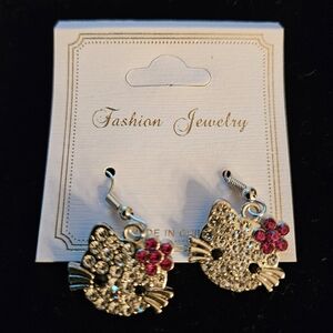 Fashion Jewelry Silver and Pink Cat Earrings